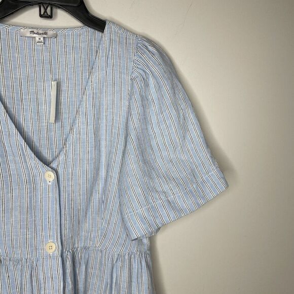 MADEWELL Linen Midi Dress Women XS Blue Stripe NEW Button Front Pockets NQ632 - Picture 4 of 16